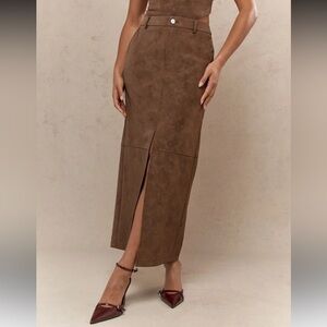 Elegant Brown Suede Maxi Skirt